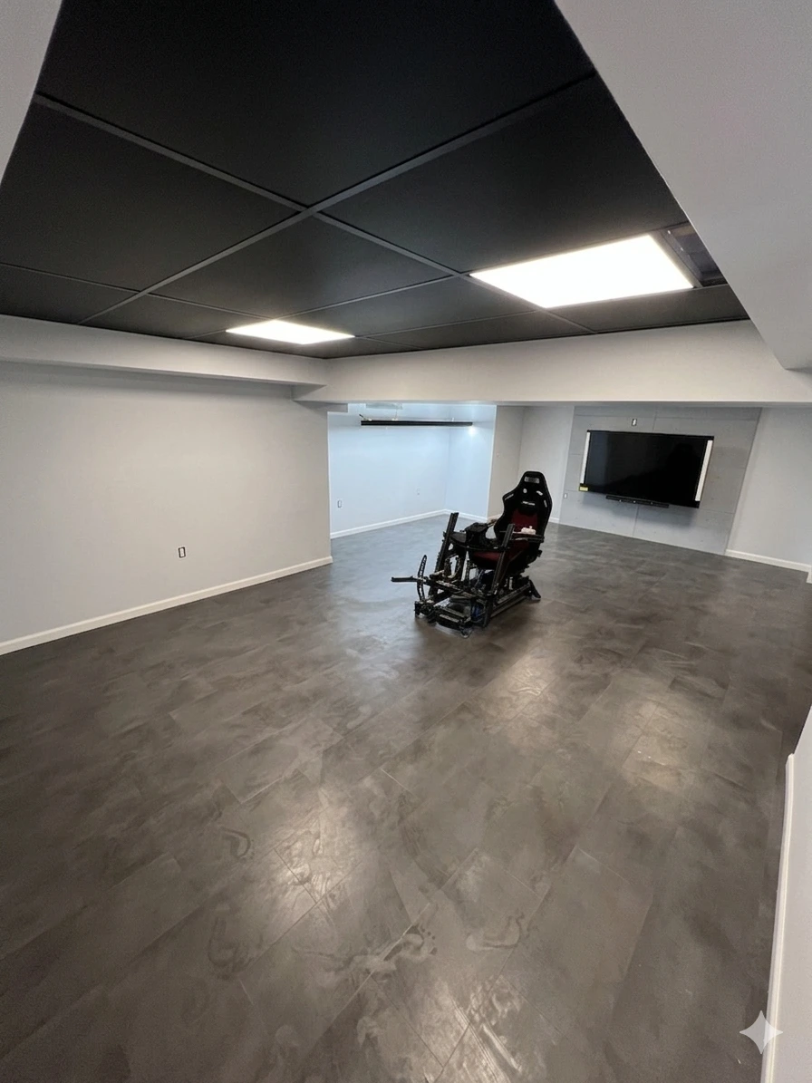 Finished basement — polished floors and drop ceiling